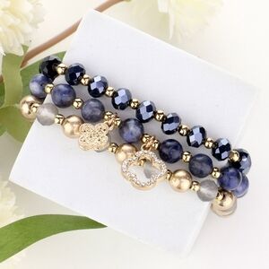 Montana Blue Quatrefoil Beaded 3 Piece Charm MultiLayered Stretch Bracelets
